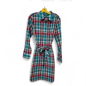 LL Bean Signature Blue Pink Plaid Belted Long Sleeve Button Down Dress Size 14